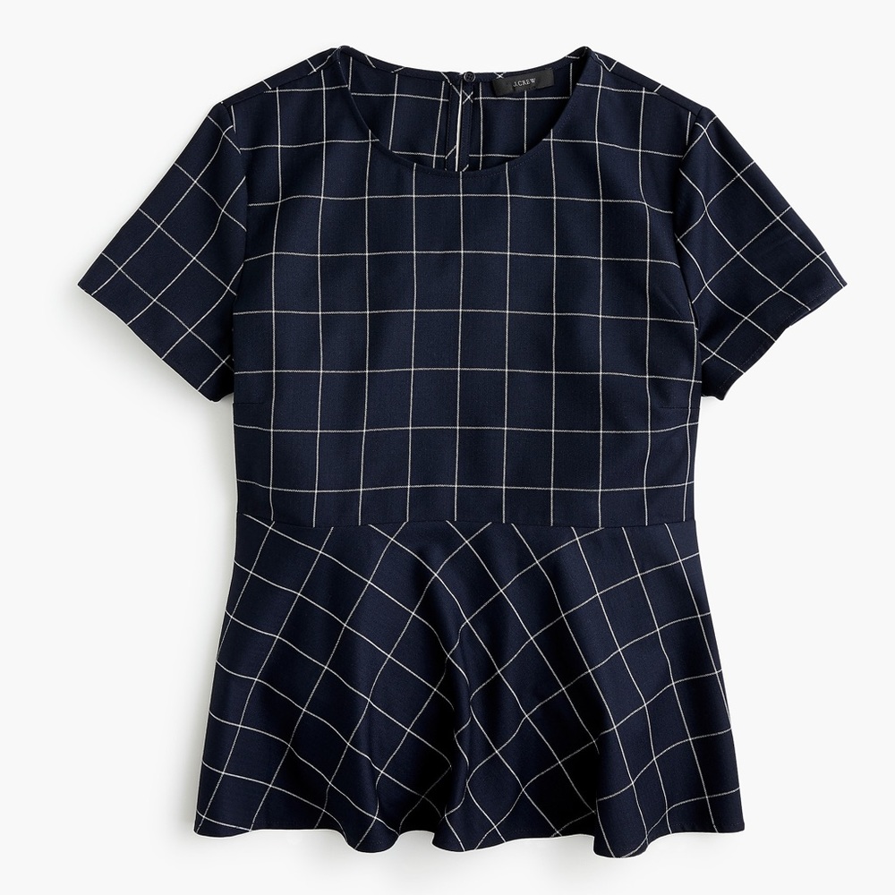 J Crew top structured peplum windowpane print.